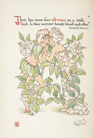 Duas figuras a beijarem-se vestidas de rosas de Walter Crane
