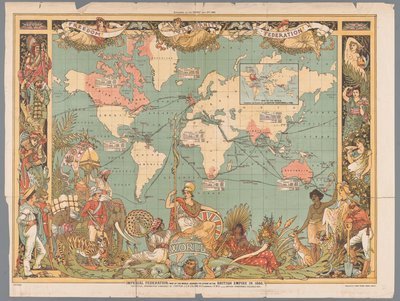 Wereldkaart met het koloniale Britse Rijk, 1886
Federação Imperial, mapa do mundo mostrando a extensão do Império Britânico em 1886 (título sobre o objecto) de Walter Crane