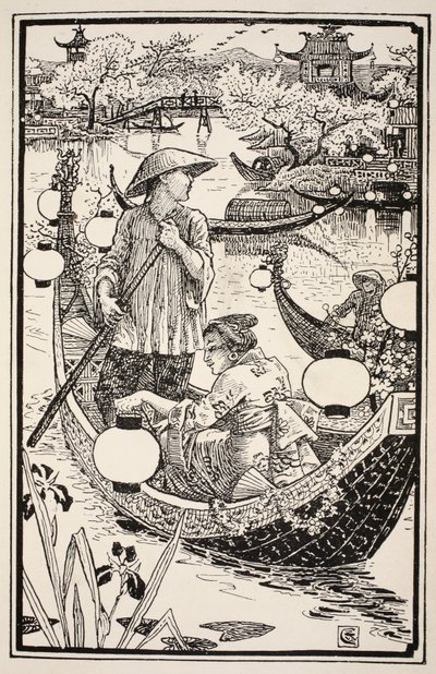 Quando a noite chegou, eles entraram novamente em seu barco, fazendo-o florescer da proa à popa, ilustração de "Folk and Fairy Tales" de Mrs. Burton Harrison, 1885 de Walter Crane