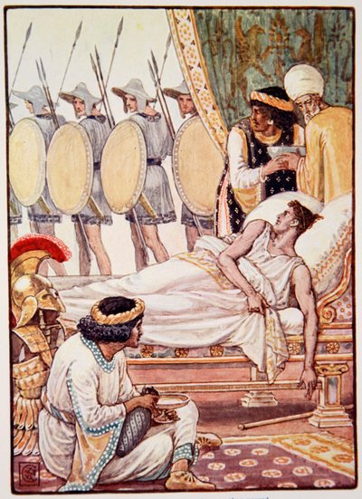 Com um esforço, ele olhou para eles enquanto passavam, ilustração de "A História da Grécia", de Mary Macgregor, 1a edição, 1913 (impressão colorida) de Walter Crane