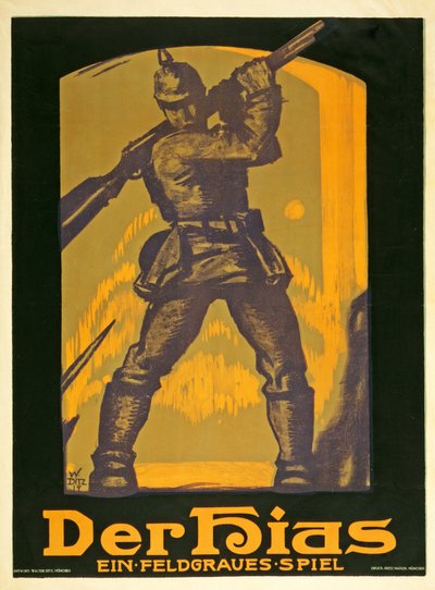 Cartaz publicitando uma peça The Hias, um jogo cinza-claro de Heinrich Gilardone, publicado em 1917 de Walter Ditz