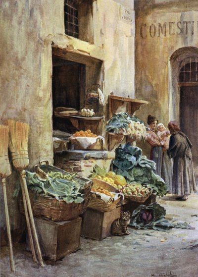 Greengrocer shop, Riviera Italiana (cor litho) de Walter Frederick Roofe Tyndale