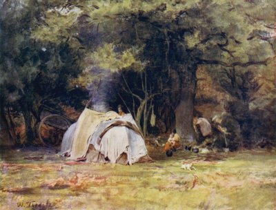 A Nova Floresta: O acampamento cigano perto do canil entre Lyndhurst e Minstead (cor litho) de Walter Frederick Roofe Tyndale