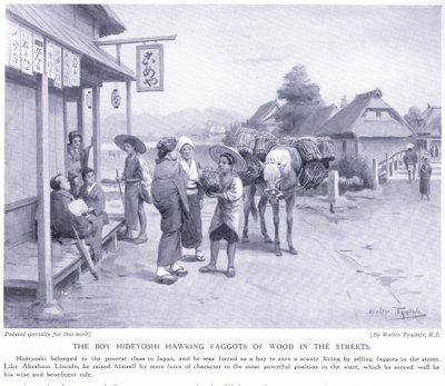 O menino Hideyoshi apregoando madeiras de madeira nas ruas de Walter Frederick Roofe Tyndale