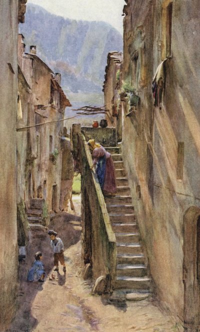 Vicolo del Ponte, Villa Nuova Di Albenga, Itália (cor litho) de Walter Frederick Roofe Tyndale