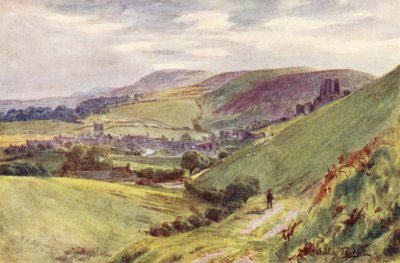 Wessex: Castelo de Corfe a partir de Nine Barrow Down (litografia a cores) de Walter Frederick Roofe Tyndale