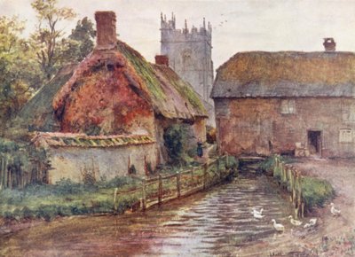 Wessex: O moinho e a igreja de Affpuddle, perto de Dorchester (litografia a cores) de Walter Frederick Roofe Tyndale