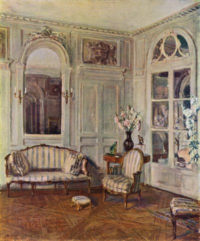 Salão Branco em St Brice, França, a Casa de Edith Wharton, estilo Luís XVI, cerca de 1760-70 (cor litho) de Walter Gay