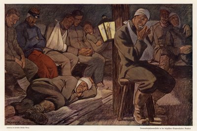 Soldados feridos na estação de compensação de vítimas em Roulers, Bélgica, Primeira Guerra Mundial (lito colorido) de Walter Georgi