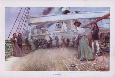 Em Mid-Ocean: passageiros desfrutando de um jogo de shuffleboard a bordo de um navio (cor litho) de Walter Granville-Smith