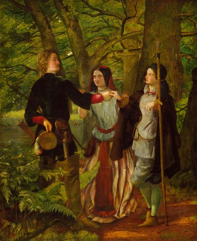 Como você gosta - Ato IV Cena I - Rosalind Explica Orlando na Cerimônia de Casamento ou O Casamento Simulado de Orlando e Rosalind, 1850 de Walter Howell Deverell