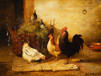 Aves e pombos em um interior de Walter Hunt
