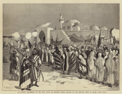 Peregrinação de um artista à Terra Santa, III, peregrinos que disparam saudações na famosa tumba de Moisés, Neby Musa de Walter Jenks Morgan