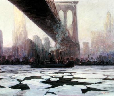 Navio em Águas Congeladas Sob a Ponte do Brooklyn (óleo sobre tela) de Walter Koeniger