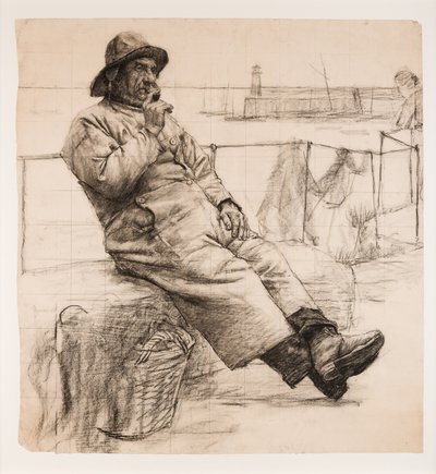 Pescador fumando um cachimbo (carvão no papel) de Walter Langley