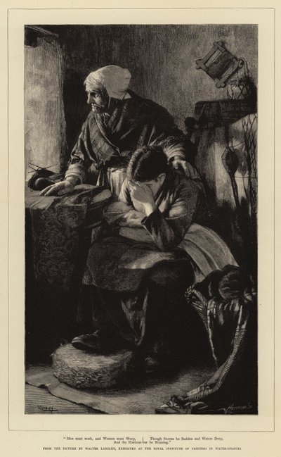 Os homens devem trabalhar, e as mulheres devem chorar, embora as tempestades sejam súbitas e profundas, e o bar do porto esteja se lamentando. de Walter Langley