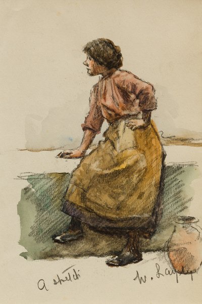 Estudo de uma menina em uma parede do porto (wc no papel) de Walter Langley