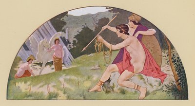 Belerofonte recebe de Minerva o cavalo alado Pégaso (litografia a cores) de Walter MacEwen