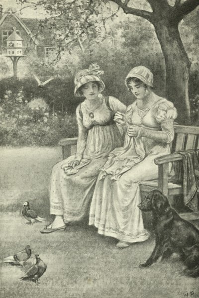 Jane Austen, costura, com sua irmã Cassandra no Jardim da Reitoria (litho) de Walter Paget