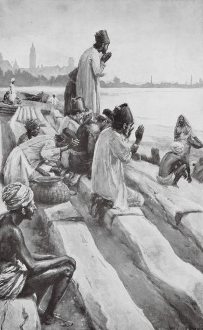 Parsis adorando o sol nascente na praia de Bombaim (litografia) de Walter Paget