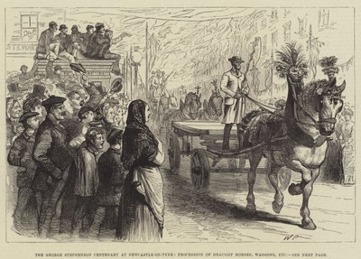 O centenário de George Stephenson em Newcastle-on-Tyne, procissão de cavalos de esboço, vagões, etc de Walter Paget
