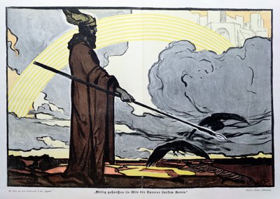 Odin com os seus dois corvos, Hugin (pensamento) e Munin (memória) de Walter Puttner