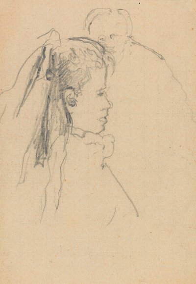 Cabeça e busto de uma menina de perfil para a direita, cabeça de um homem, frente cheia, atrás (grafite sobre papel) de Walter Richard Sickert