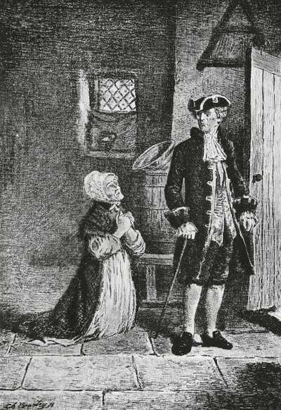Elspeth e Lord Glenallan, ilustração para Antiquário, romance histórico de Walter Scott (1771-1832), gravura de Walter Scott