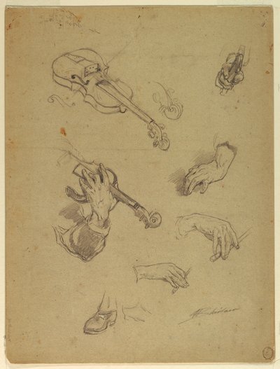 Desenho, Folha de Estudos das Mãos de um Violinista, 1878 de Walter Shirlaw