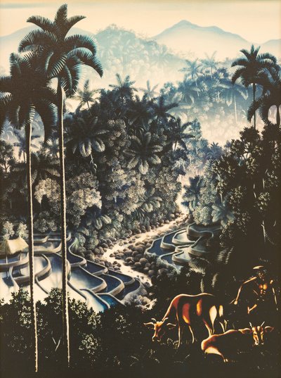 Paisagem fluvial com pastores e vacas de Walter Spies