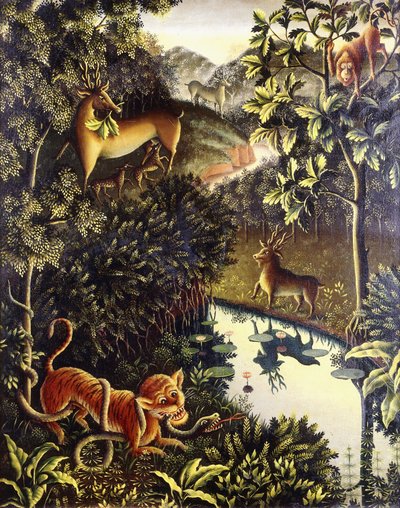 Tierfabel: Tigre e Cobra em Combate em uma Floresta Primitiva de Walter Spies