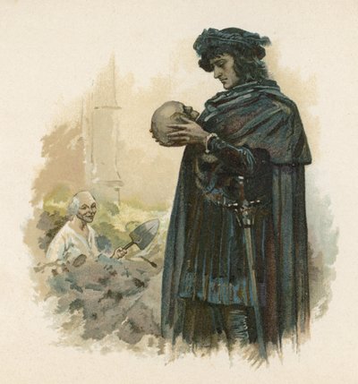 Hamlet com o crânio de Yorick (cromolitho) de Walter Stanley Paget