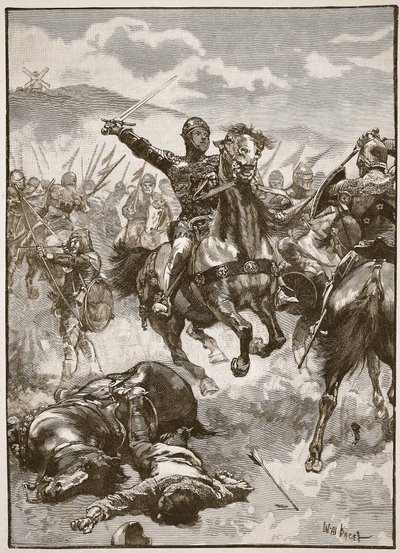 O Príncipe Negro na Batalha de Crecy, ilustração de &39;História Ilustrada de Cassell da Inglaterra&39; (foto sépia) de Walter Stanley Paget