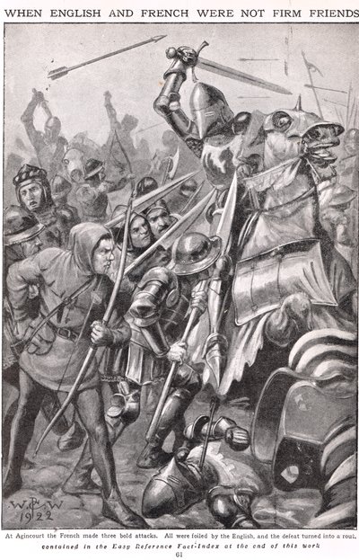 Quando os franceses e ingleses lutaram em Agincourt, ilustração "Newnes Pictorial Book of Knowledge", c.1920 de Walter Stanley Paget