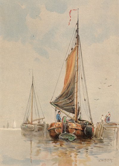 Barcos holandeses no Maas (litografia a cores) de Walter William May