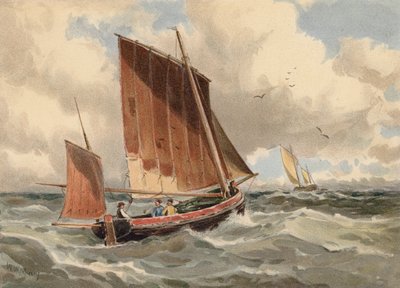 Lugger francês em frente ao mar (litografia a cores) de Walter William May