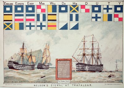 O sinal de Nelson em Trafalgar em 1805, de "The Boy&39;s Own Paper" para comemorar o HMS Victory atracado em Portsmouth, 1885 de Walter William May