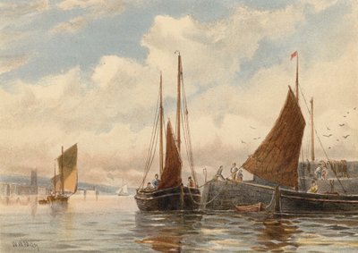 Penzance Luggers em Newlyn (litografia a cores) de Walter William May