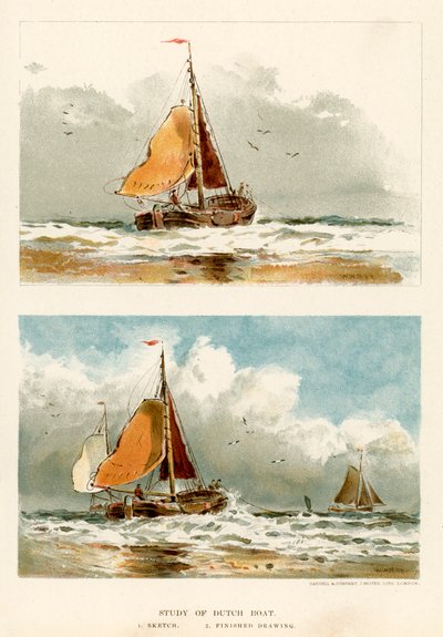 Estudo de um barco holandês (litografia a cores) de Walter William May