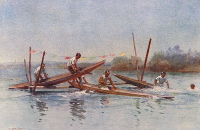 Nova Zelândia: Corrida de canoa com barreiras (litografia a cores) de Walter Wright
