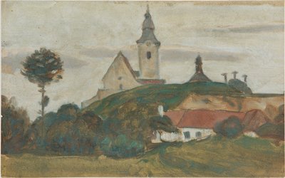 Paisagem com igreja e aldeia de Walther Gamerith