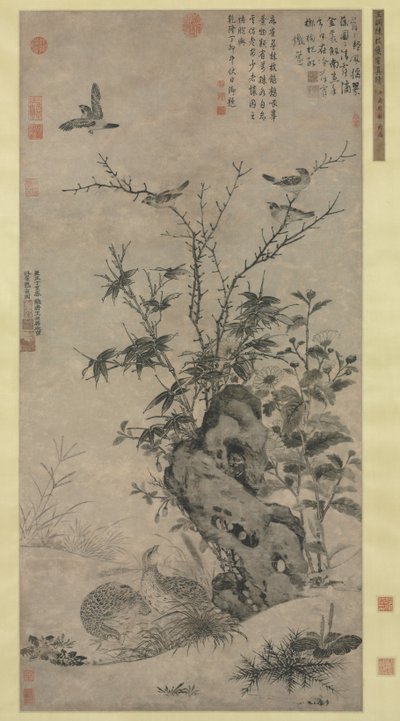 Codornizes e pardais em uma cena de outono, 1347. de Wang Yuan