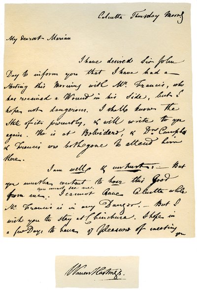 Carta de Warren Hastings, governador-geral de Bengala a sua esposa, em 17 de agosto de 1780. de Warren Hastings