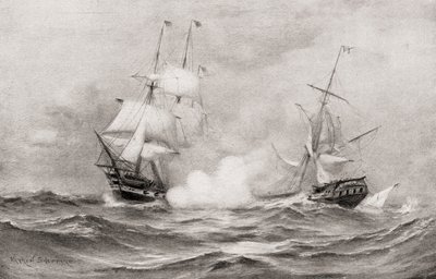 O combate entre a Constituição do USS e o HMS Guerriere, durante a Guerra de 1812, aproximadamente 400 milhas a sudeste de Halifax, Nova Escócia, de The History of Our Country, publicado em 1905 de Warren Sheppard
