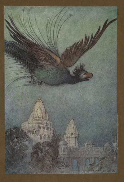 Prato 10: "Uma ave monstruosa sai aparentemente do palácio", de Folk-Tales of Bengal ... Com 32 ilustrações a cores de Warwick Goble (Edition de luxe.) 1914 (color litho) de Warwick Goble