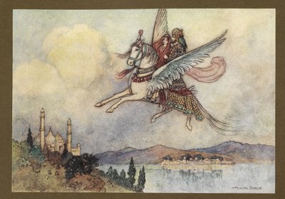 Prato 20: "A senhora, o rei e o hiraman chegaram sãos e salvos à capital do rei", do Folk-Tales of Bengala ... Com 32 ilustrações a cores de Warwick Goble (Edition de luxe.) de Warwick Goble
