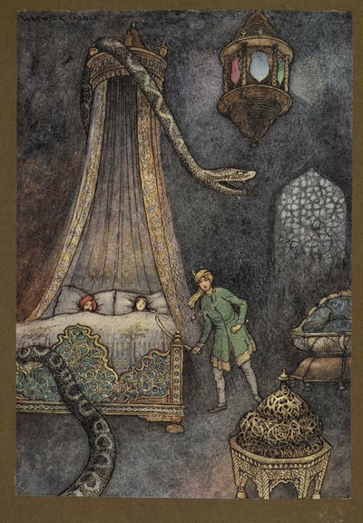 Placa 3: "Ele saiu a correr do seu esconderijo e matou a serpente", de Folk-Tales of Bengal ... Com 32 ilustrações a cores, de Warwick Goble. (Edição de luxe) de Warwick Goble