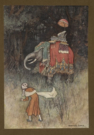 Placa 8: "De repente, um elefante maravilhosamente adornado em seu caminho", de Folk-Tales of Bengal ... Com 32 ilustrações em cores de Warwick Goble (Edition de luxe) de Warwick Goble