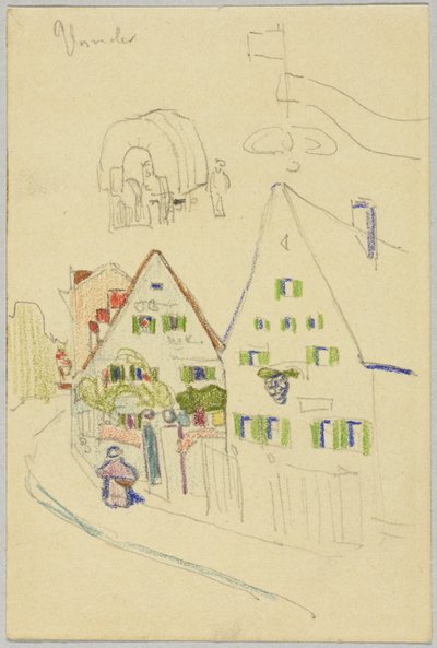 Pista com casas de telhado de palha e carroças cobertas, verso: vista de uma aldeia com uma igreja com torre de cebola. de Wassily Kandinsky