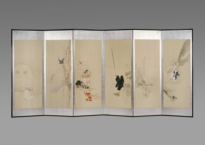 Tela dobrável: Flores dos Doze Meses, c.1900 (tinta e cor no papel) de Watanabe Seitei